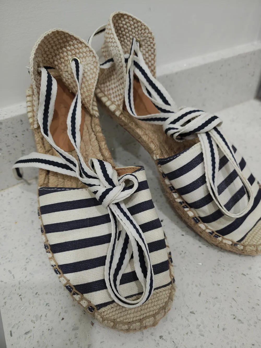 J. Crew Black and White Striped Ankle-Tie Espadrilles
